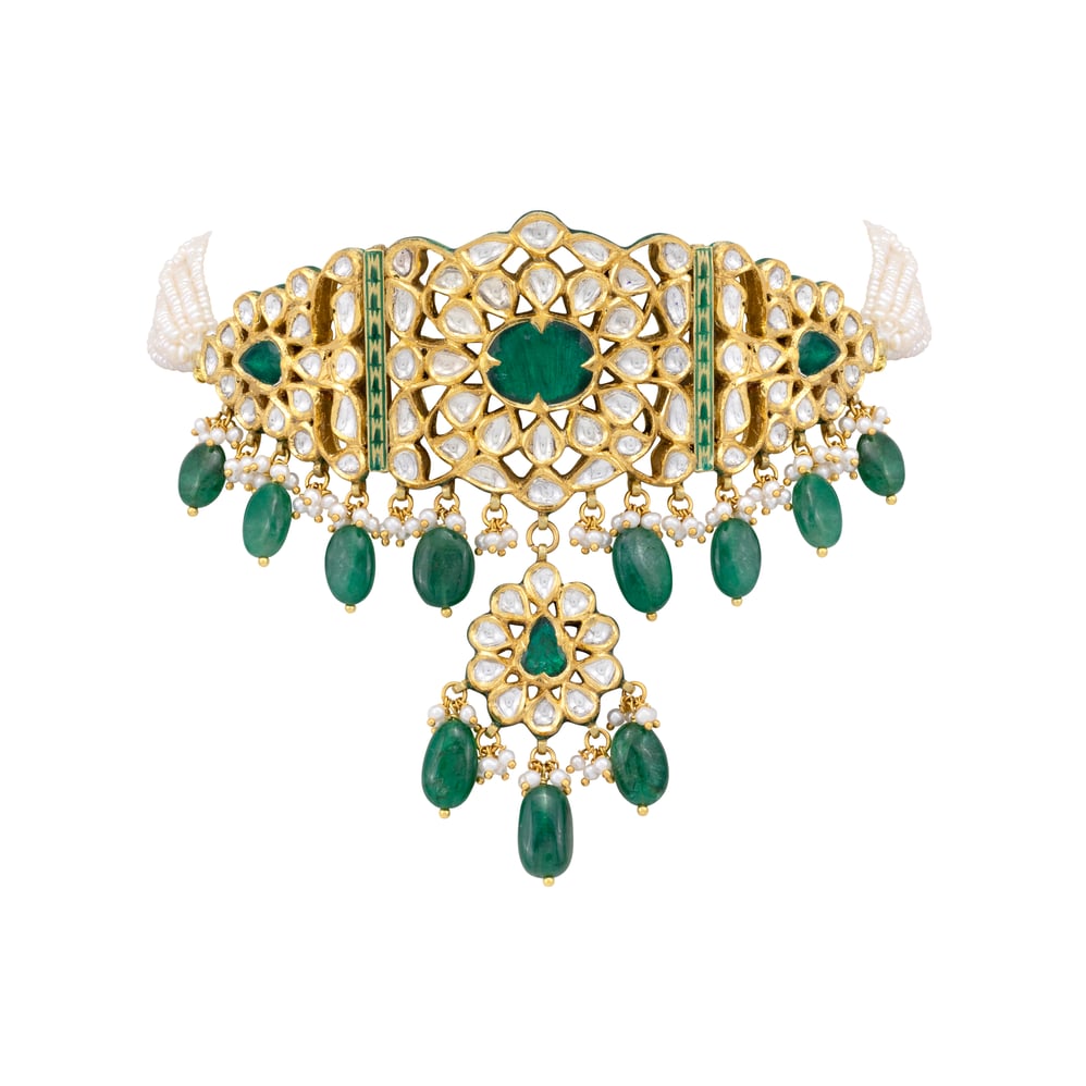 Zambian Emerald Mughal-Inspired Choker with Pearl Strands